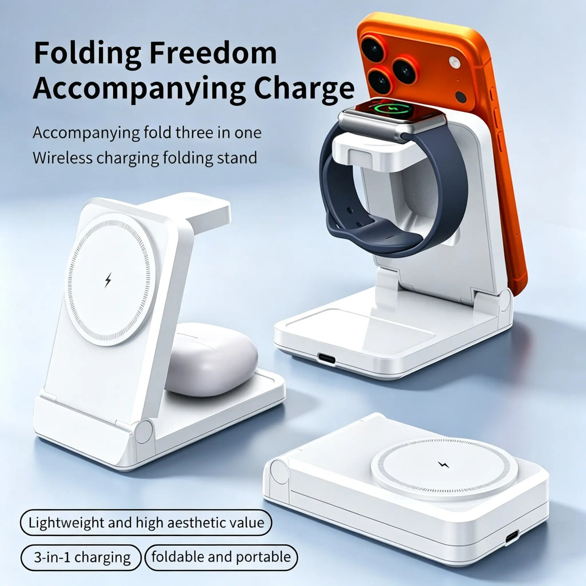 Foldable Magnetic 3 in 1 Wireless Charger Travel Portable Charging Station Travel Gadgets for Iphone 16，Airpods & Apple Watch，Desk Organizer Charging Station，Multi Device Charger Simultaneously
