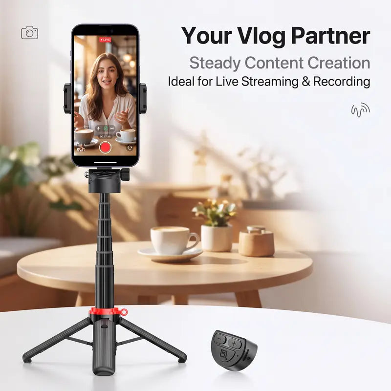 All-In-1 Folding Handheld Selfie Stick Telescopic Pole with Bluetooth Remote & Hook, Silicone-Stabilized Extendable Phone Tripod for Iphone/Android Smartphones, Box-Packaged Streaming Equipment, Portable Travel Accessory