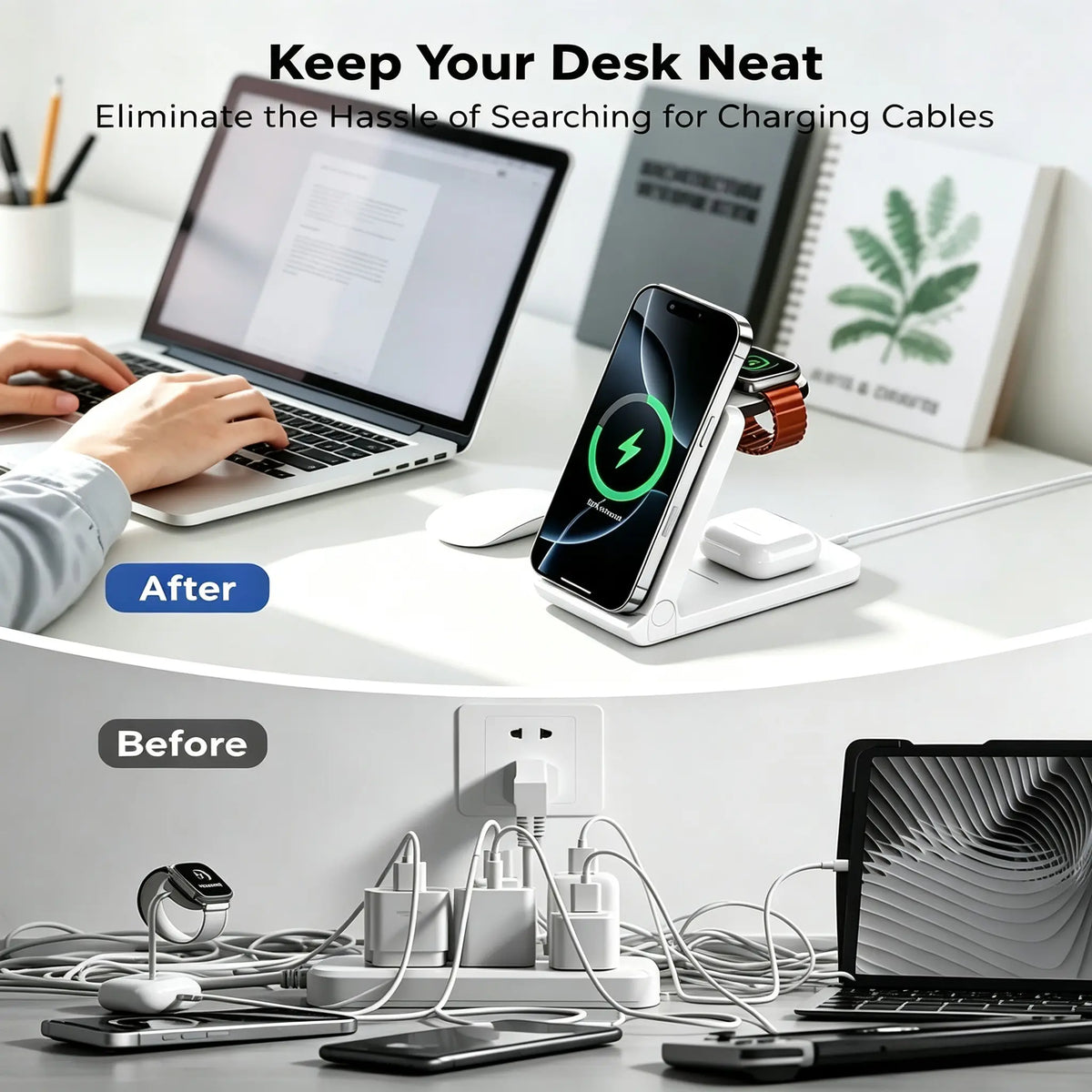 Foldable Magnetic 3 in 1 Wireless Charger Travel Portable Charging Station Travel Gadgets for Iphone 16，Airpods & Apple Watch，Desk Organizer Charging Station，Multi Device Charger Simultaneously