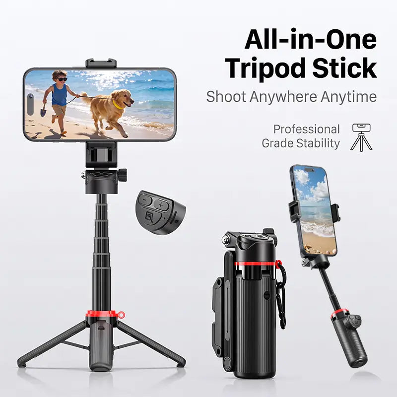 All-In-1 Folding Handheld Selfie Stick Telescopic Pole with Bluetooth Remote & Hook, Silicone-Stabilized Extendable Phone Tripod for Iphone/Android Smartphones, Box-Packaged Streaming Equipment, Portable Travel Accessory