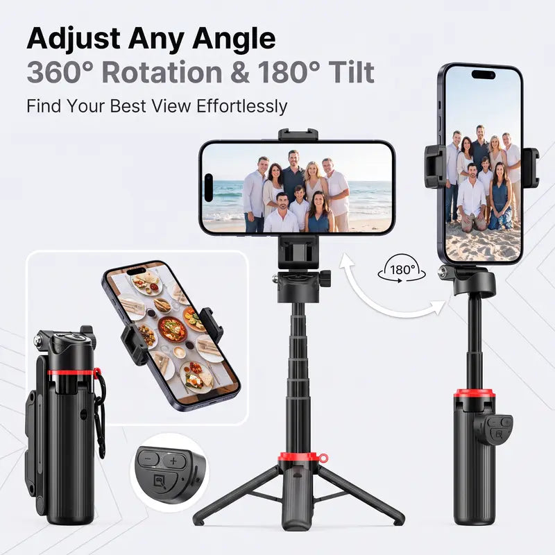 All-In-1 Folding Handheld Selfie Stick Telescopic Pole with Bluetooth Remote & Hook, Silicone-Stabilized Extendable Phone Tripod for Iphone/Android Smartphones, Box-Packaged Streaming Equipment, Portable Travel Accessory