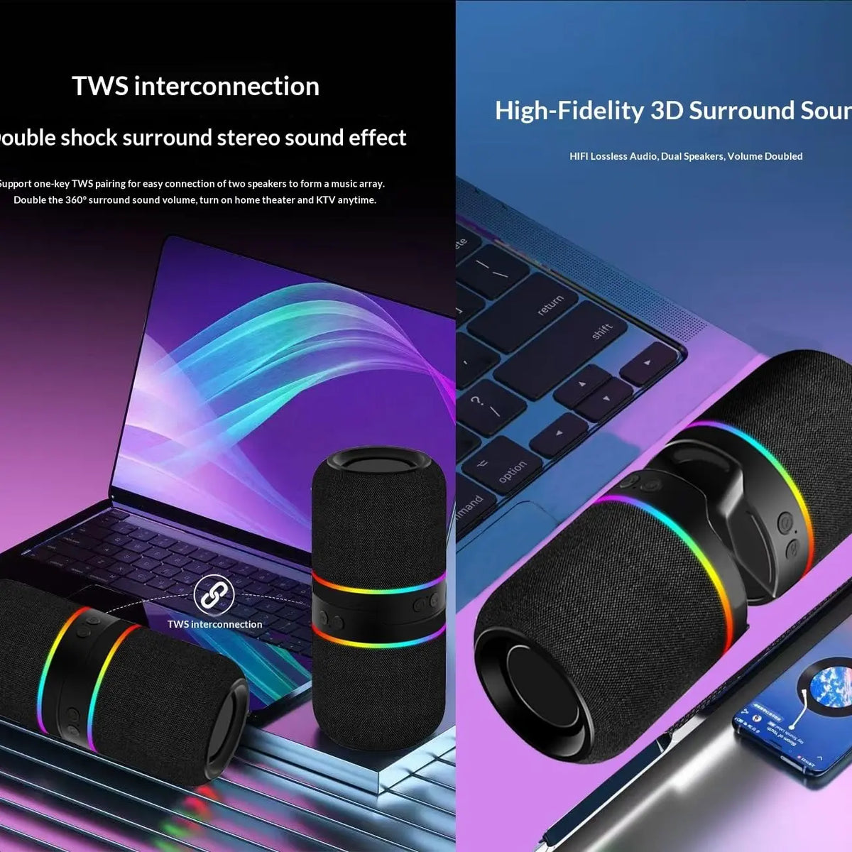 2-IN-1 Wireless Speaker Bluetooth, Multifunctional Wireless Speaker, Twist and Split to 2 Speaker, FM Radio, Magnetic Audio System, for Home/Outdoor/Beach/Party, [Stromberg] [TWIN-2] Stereo Audio, Wireless Bt Speaker